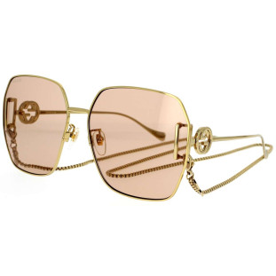 Óculos de Sol Gucci Feminino Metal Quadrado Dourado Com Corrente GG1207SA 001 Imagem Lateral